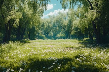 This picturesque meadow is filled with flourishing wildflowers and surrounded by green trees, creating an atmosphere of vibrant growth and nature's beauty on display.