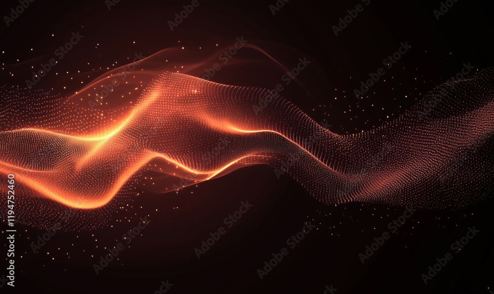 Poster abstract wave of glowing particles in orange and black background, representing digital technology a