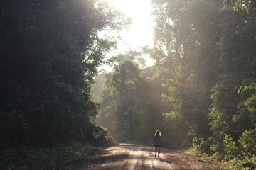mulher caminhando em estrada na floresta com raios de sol iluminando 