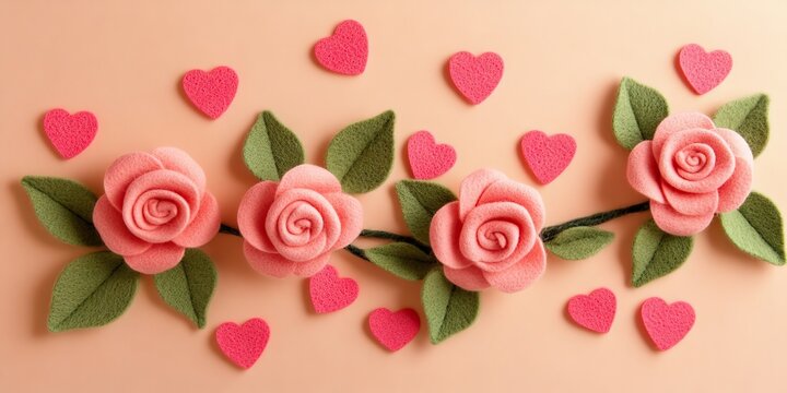 Handmade pink felt rose arrangement with green leaves on a beige background scattered with small pink hearts ideal for gifts or invitations