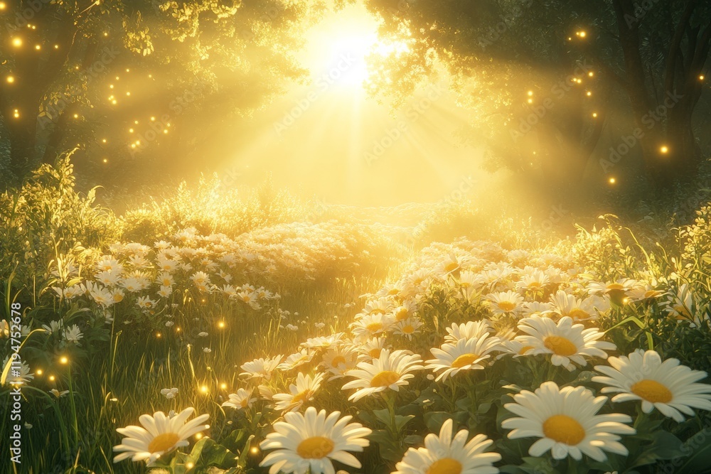 Poster An enchanting scene with a sunlit pathway flanked by glowing daisies and sparkling light, creating an atmosphere of magic and wonder in a lush forest setting.