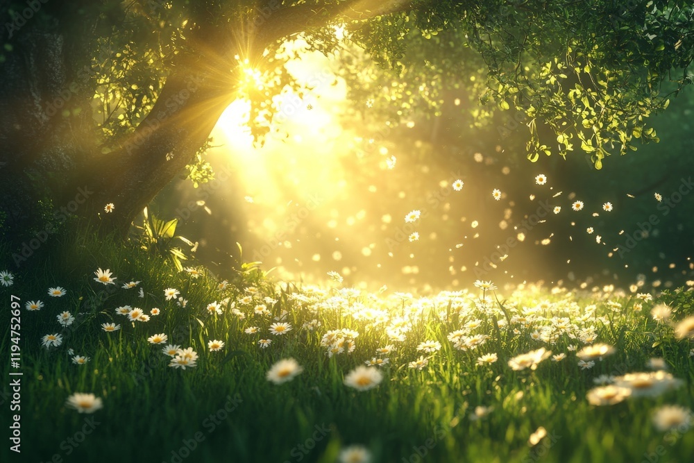 Poster daisies are beautifully lit by sunlight peeking through the trees, casting a mystical glow and creat