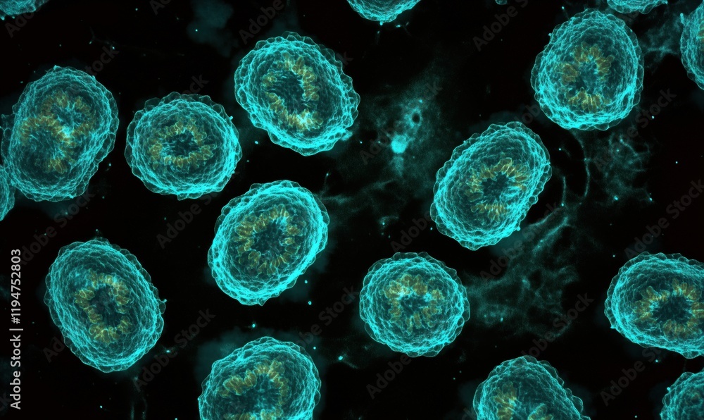 Poster microscopic view of glowing blue cells with intricate structures and textures, showcasing cellular b