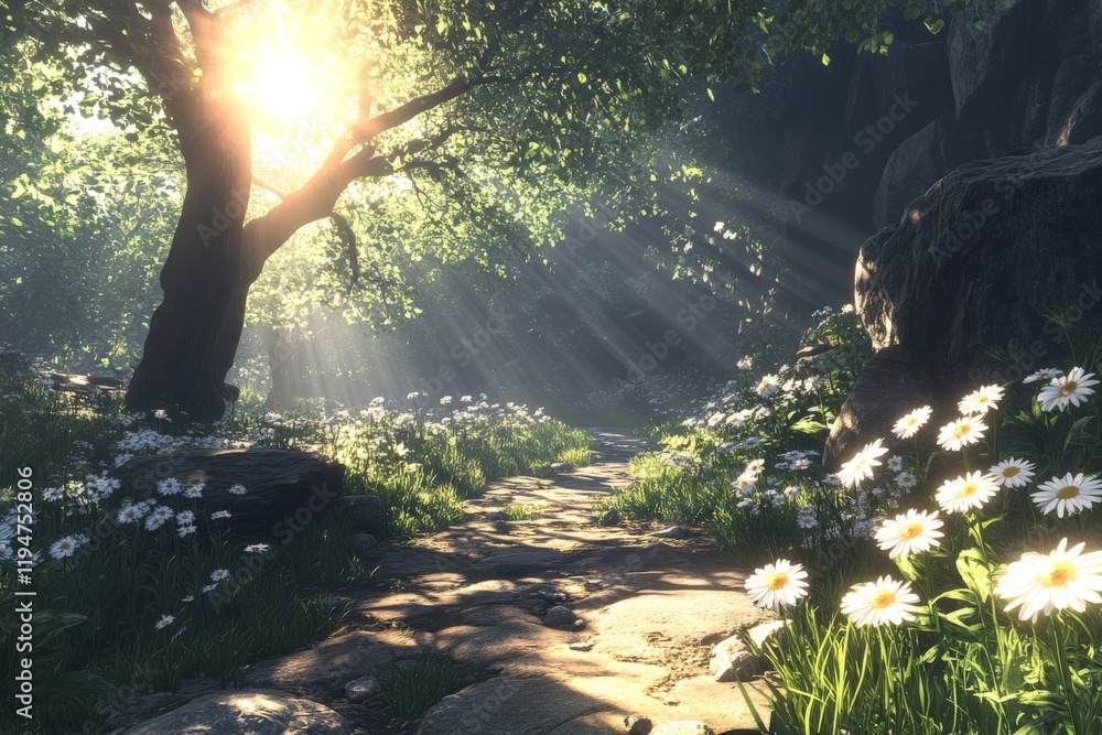 Aufkleber sunlight streams through leafy trees, illuminating a forest path lined with blooming daisies, creati