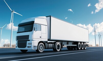 Truck on highway with wind turbines in background, showcasing transportation and renewable energy