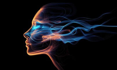 Obraz premium Abstract digital art representation of human profile with flowing blue and orange light trails, symbolizing energy and emotion