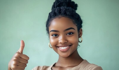 Smiling young woman giving thumbs up gesture, showcasing confidence and positivity against a soft green background
