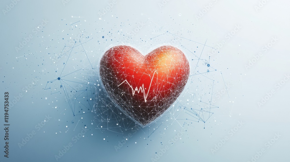Poster glowing red heart with dynamic cardiogram highlights the essence of life and emotion in a digital se