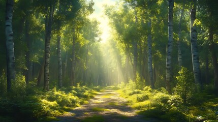 Fototapeta premium Sunlit path through a lush birch forest.