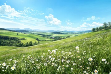 Fototapeta premium Idyllic countryside scene with rolling hills and wildflowers under clear blue sky nature photography tranquil environment wide-angle view serenity concept