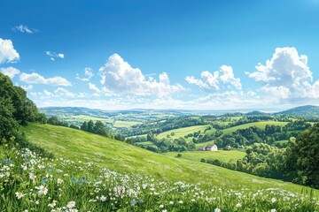 Naklejka premium Serene countryside landscape with rolling hills and wildflowers under a clear blue sky nature photography idyllic environment wide angle view tranquility concept