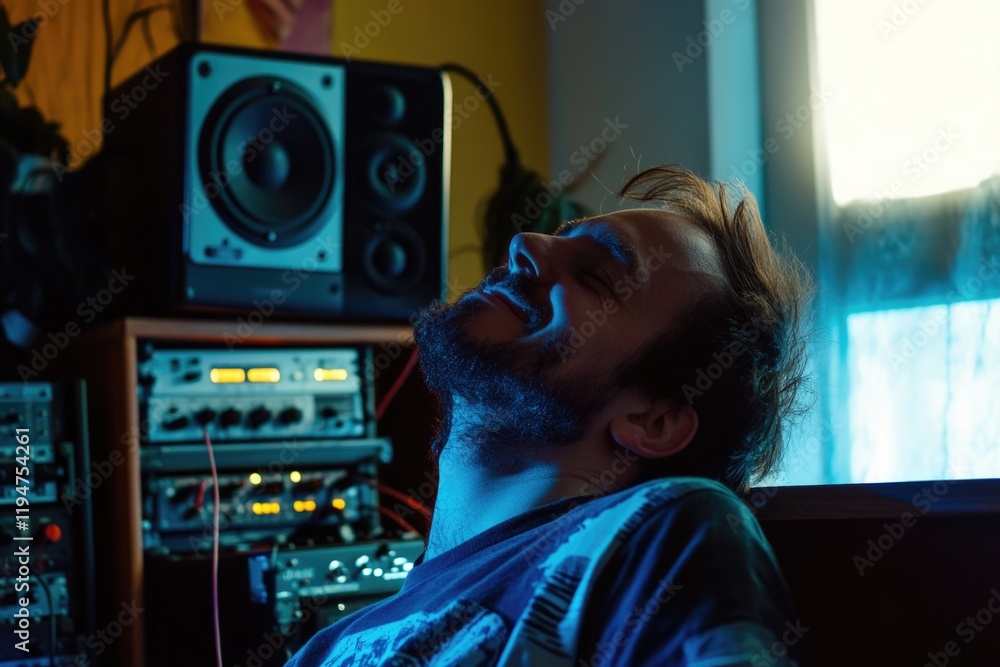 Poster A person sitting at a desk with various audio recording devices and instruments
