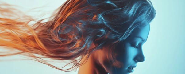 A creative haircare advertisement showing flowing, glossy hair against a sleek backdrop, 4k photo.