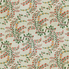 Brown colorful branch with small red, yellow and taupe flowers illustration on a light textured taupe background