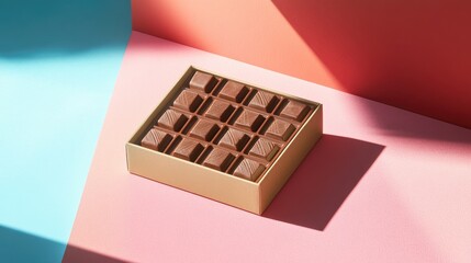 An aesthetically pleasing chocolate box, neatly arranged, placed on a colorful surface, perfect for gifting during the holidays.