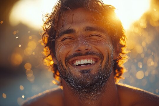 A person smiles with joy as the sun rises behind them, suggesting a positive and uplifting atmosphere