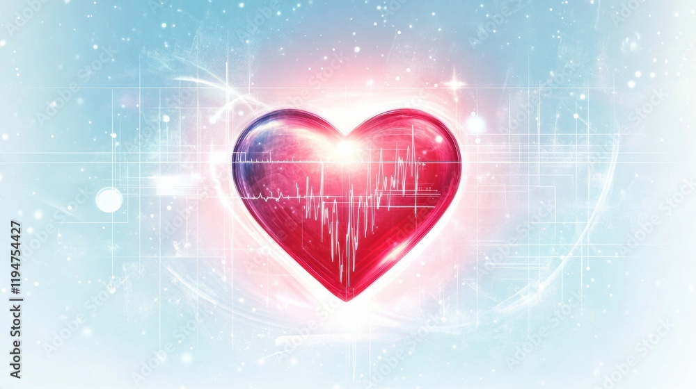Poster glowing red heart with cardiogram symbolizing love and health during nighttime in a digital environm