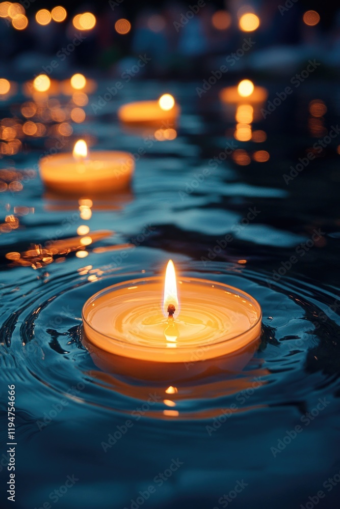Poster lit candles floating on the surface of calm water, great for depicting peacefulness or serenity