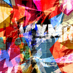 Colorful collage with grunge decorative elements on a textured grunge background. Typo collage with abstract geometrical elements and creative forms.