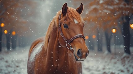 Rustic horse in a serene winter park with glowing lanterns. Generative AI