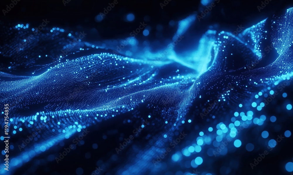 Poster blue glowing particles flowing over fabric-like surface, creating a mesmerizing wave effect with dep