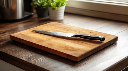 Wooden cutting board with a knife driven into it classic kitchen look