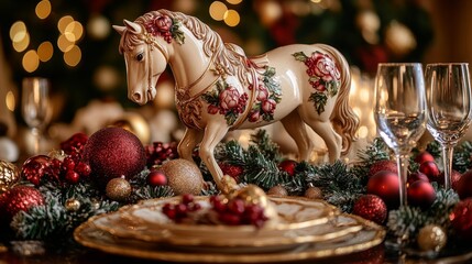 Elegant Holiday Table with Floral Horse Decoration. Generative AI