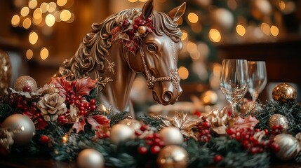 Elegant Winter Feast: Decorated Horse Sculpture. Generative AI
