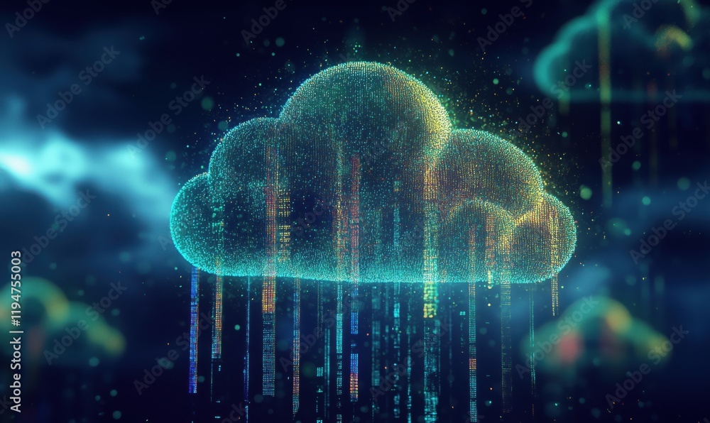 Poster digital cloud with data streams, glowing particles, and abstract rain effect, representing technolog