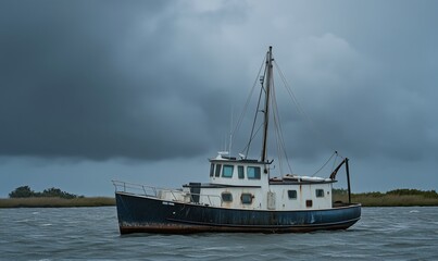 Abandoned fishing boat on calm waters under moody gray sky, surrounded by marshland and distant trees