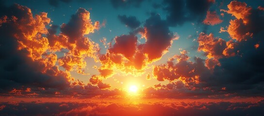 Fiery sunset cloudscape, horizon view, atmospheric background, nature photography