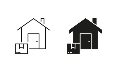 Address Delivery Symbol. Home Delivery Service Line and Silhouette Icon Set. Order Shipping To Door Pictogram. Editable Stroke. Isolated Vector Illustration