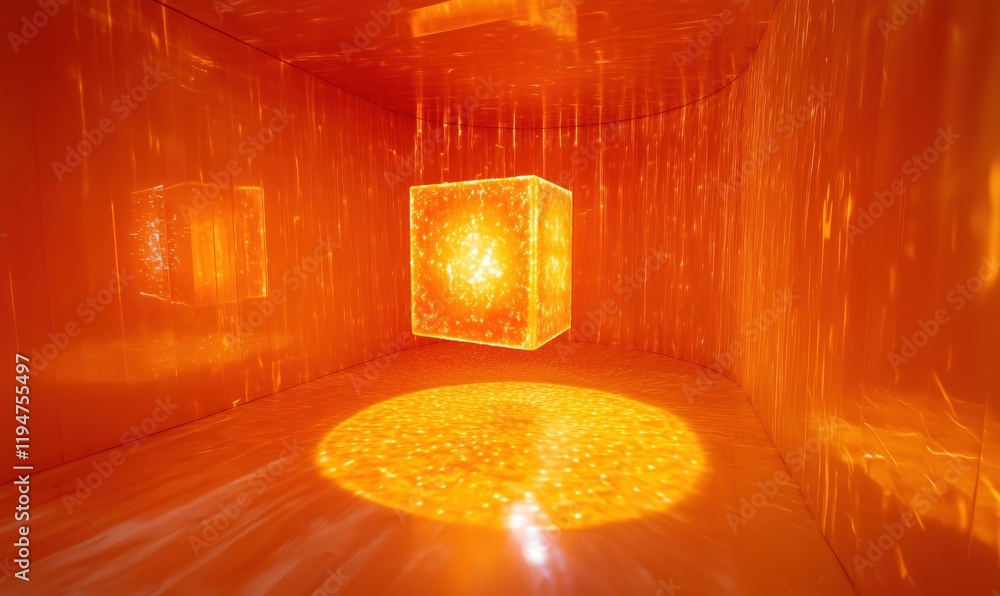 Poster illuminated orange cube in immersive light installation creating dynamic reflections and patterns on