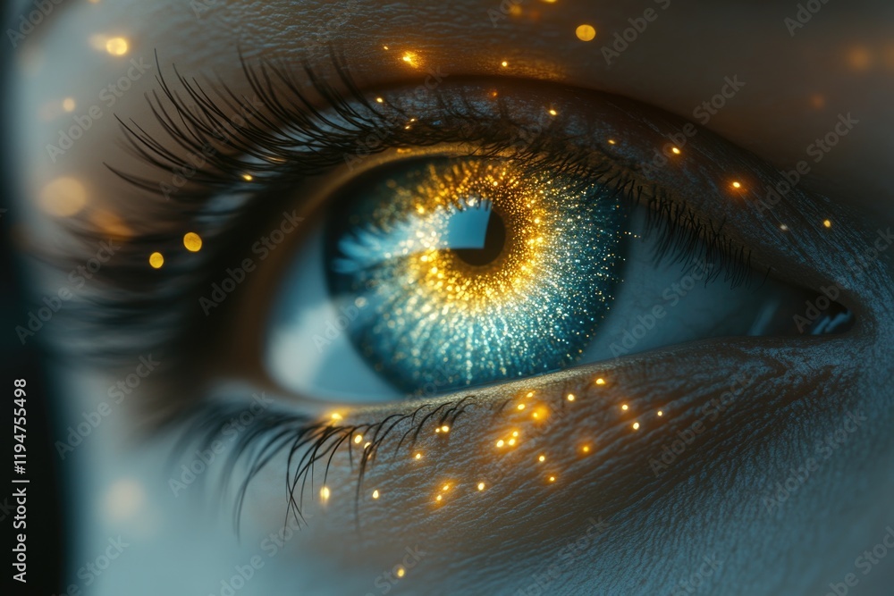 Poster a detailed shot of an individual's eye with intense illumination, useful for concepts about attentio