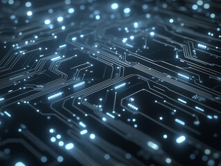 A digital glowing circuit board pattern on a dark gray background, with soft blue and white light emitting from the circuit lines and nodes