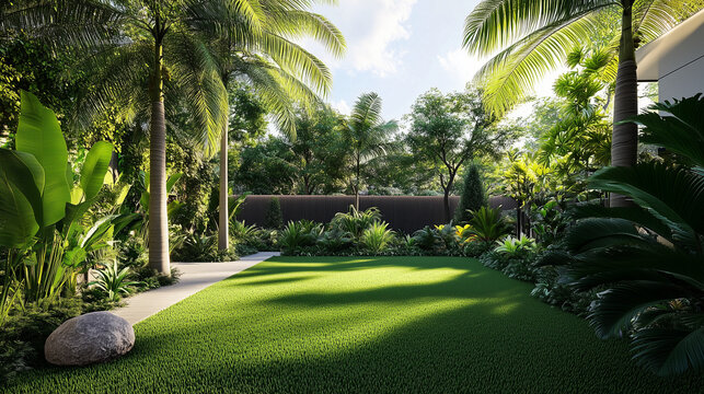 Lush tropical garden with palm trees and green lawn on a sunny day