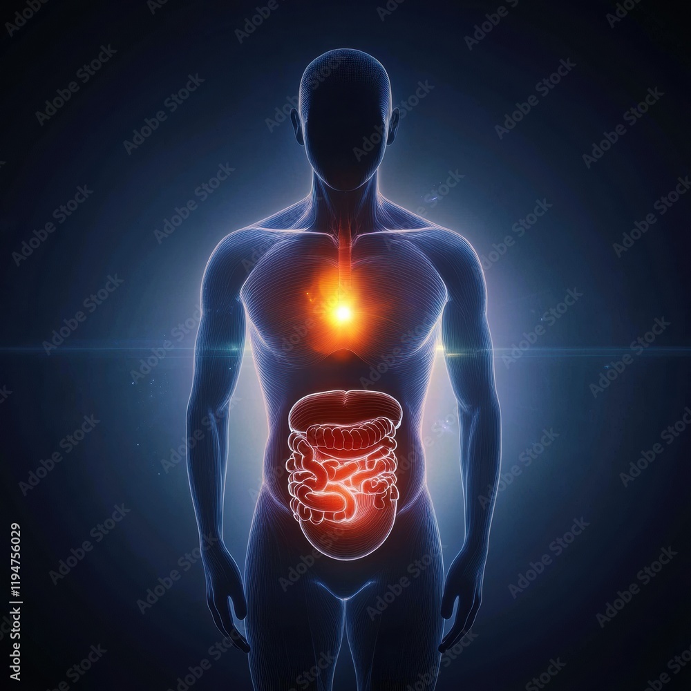 Poster glowing torso with vibrant red focal point in abdominal area illuminated against dark background. ge