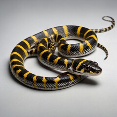 Naklejka premium A banded krait with black and yellow stripes on a white background.