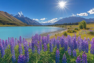 A sparkling mountain lake surrounded by lush lupines under the bright sun, with snow-capped peaks in the background, creating a vibrant and colorful scene.