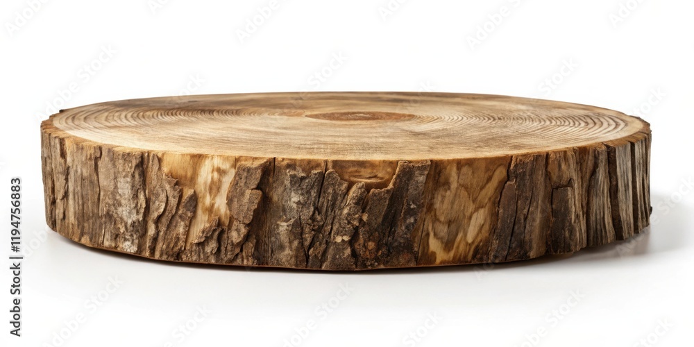 Aufkleber rustic wooden tree trunk slice isolated on white background, perfect for product display or design e