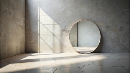 Minimalist interior design featuring an oval mirror in a sunlit room with textured walls and floor