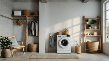 Modern washing machine with basket, shelving unit and ladder near white wall. Interior of home...