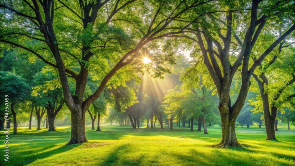 Poster sunbeams filtering through lush green trees in a tranquil park