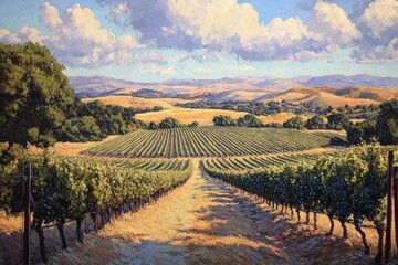 Fototapeta premium An exquisite oil painting depicts an expansive vineyard under dynamic clouds, blending natural beauty with artistic expression, evoking a timeless pastoral charm.