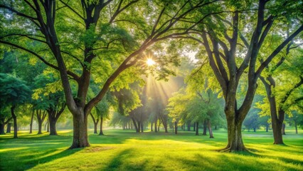 Obraz premium Sunbeams filtering through lush green trees in a tranquil park