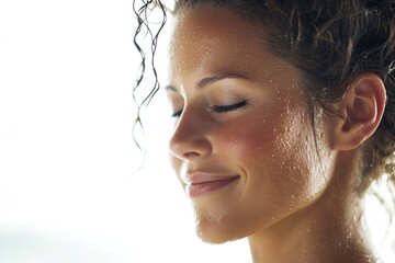 Naklejka premium A close-up shot of a woman's face and hair, with water droplets glistening on her locks
