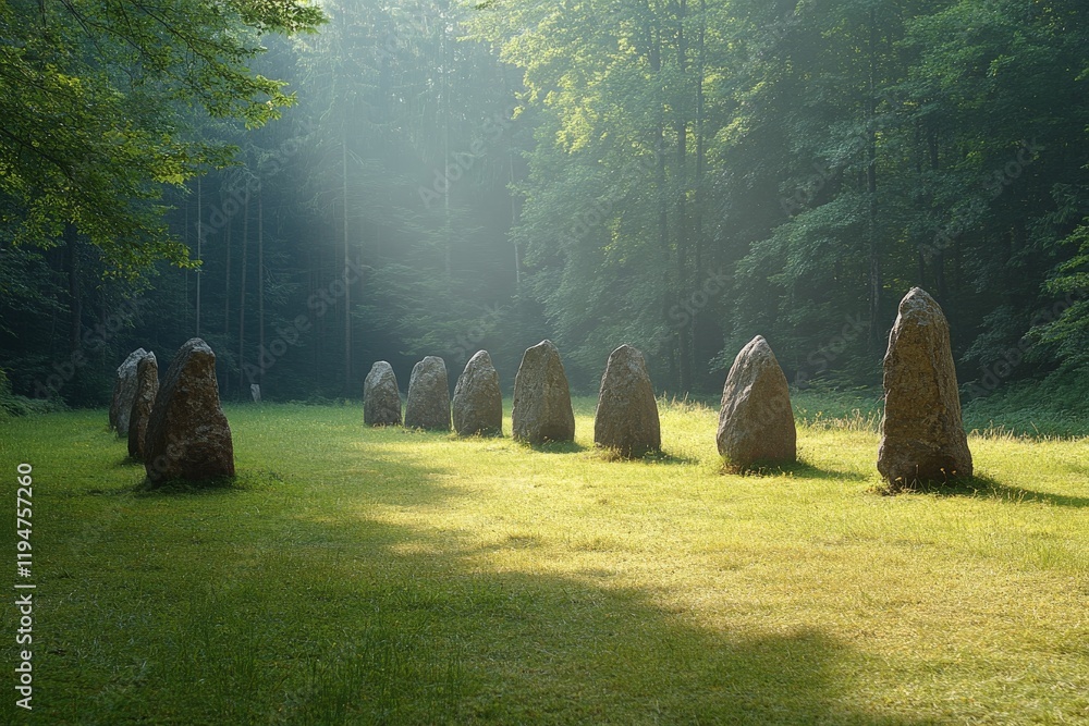 Poster a serene landscape featuring a circle of ancient standing stones in a misty forest clearing, bathed 