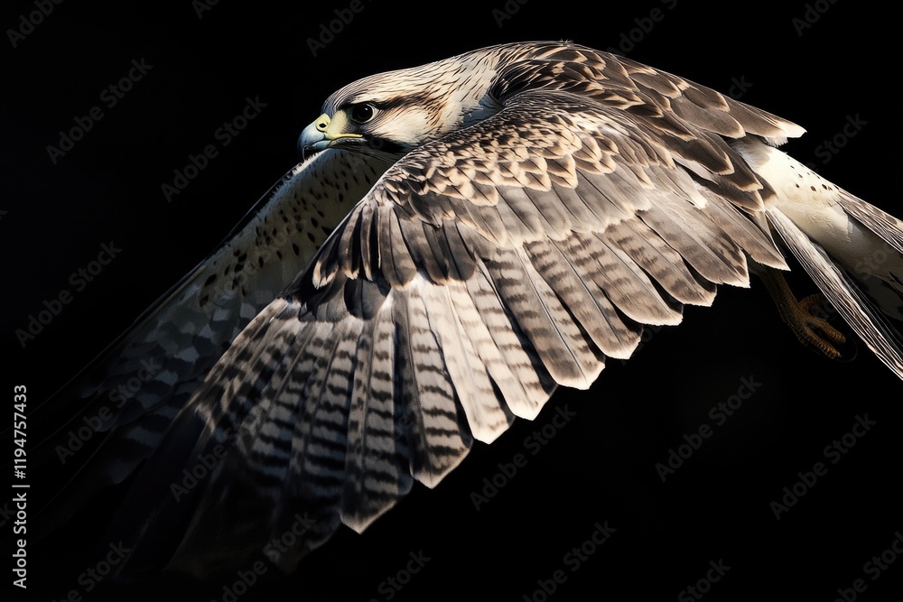 Poster a hawk soaring through darkness with outstretched wings, ideal for use in scenes about nighttime hun