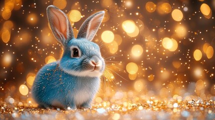 Blue Rabbit Surrounded by Golden Fairy Lights. Generative AI