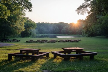 Obraz premium Multiple picnic tables stand in a spacious grassy field, basking in the soft glow of the setting sun, with surrounding trees offering peace and community spirit.
